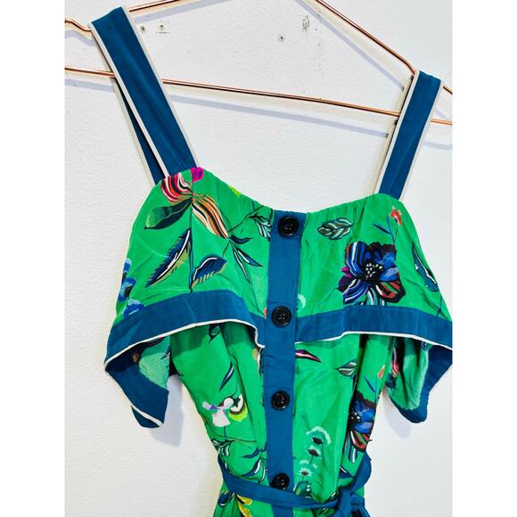 DEREK LAM Green Floral 100% Silk Ruffled Popover Cami Style Midi Dress Size 2 - Picture 5 of 15